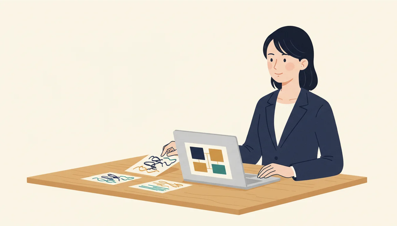 商談メモを机に並べ、ノートパソコンで週次報告にまとめる担当者