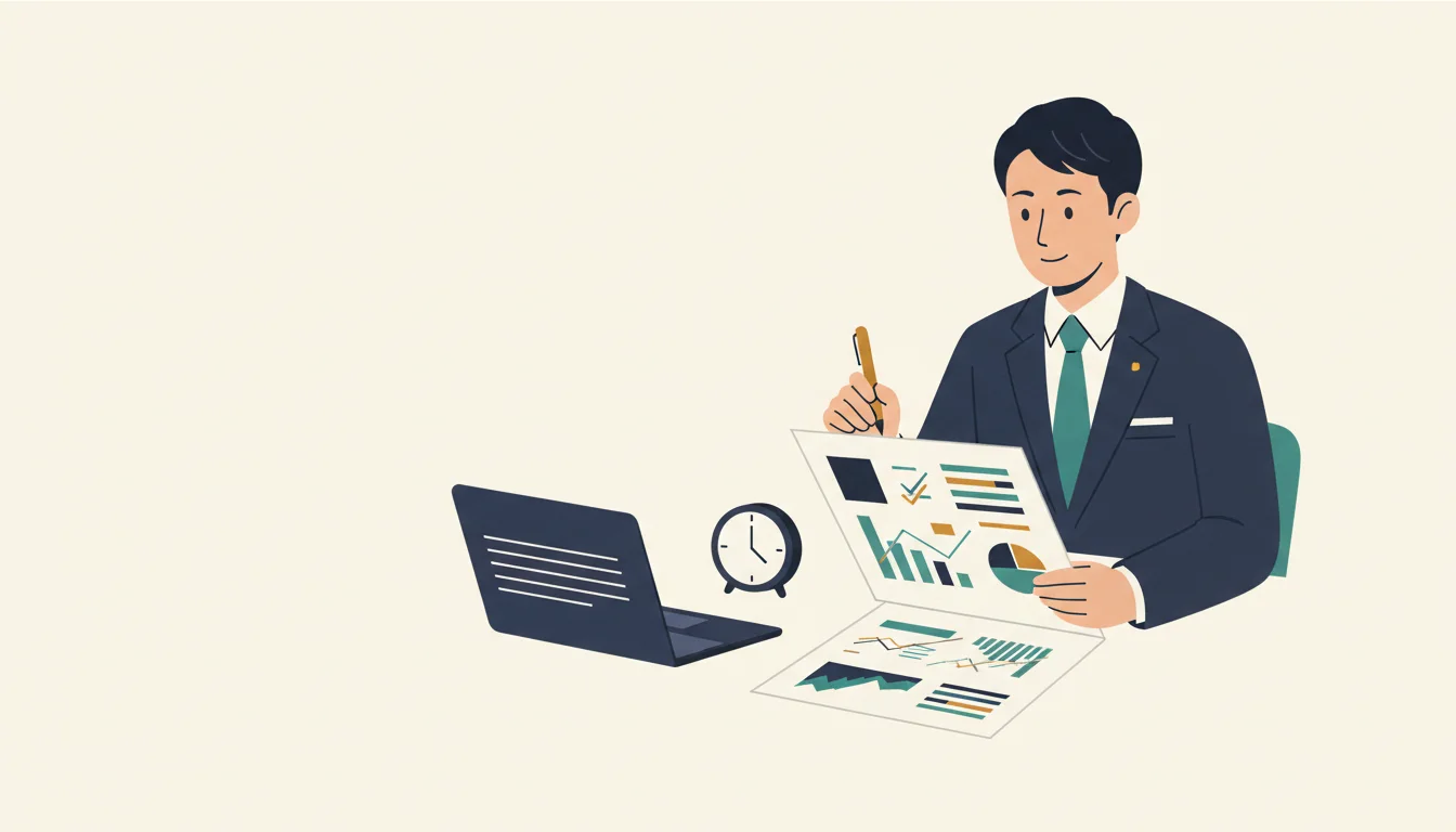 出来上がった報告書をペンで確認する担当者と、横に置かれた時計