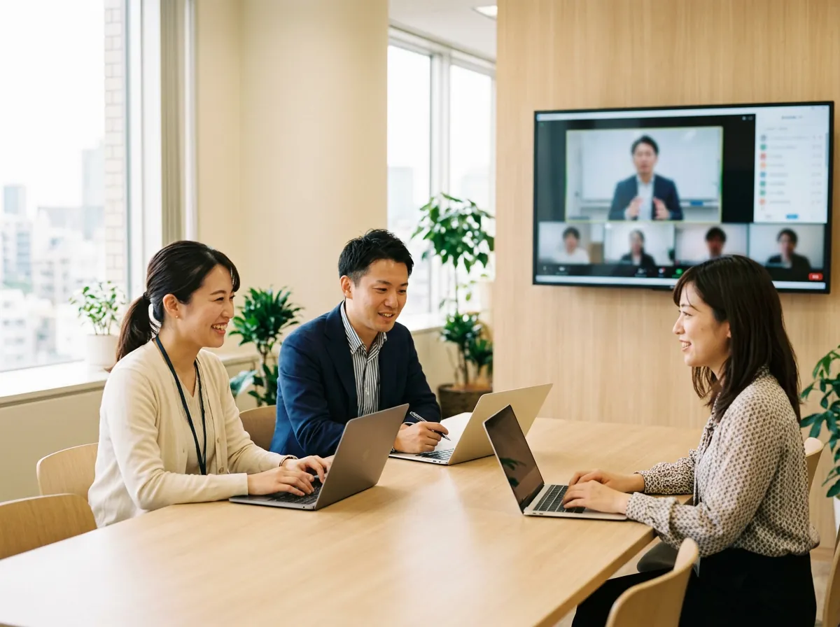 会議室でオンラインの企業別実践研修に参加する社員