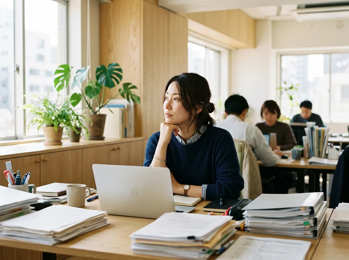 書類の山を前に、仕事の進め方を考える社員