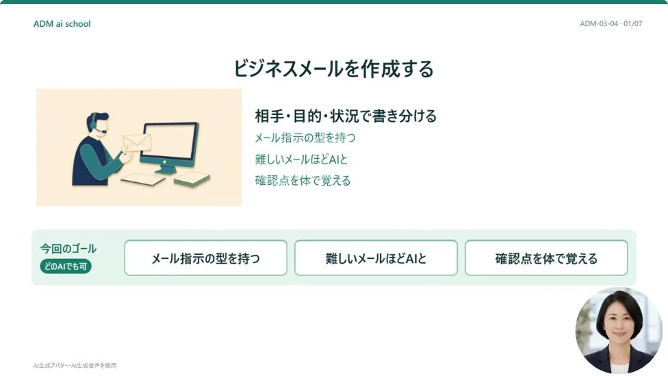 講義動画「ビジネスメールを作成する」の冒頭スライド
